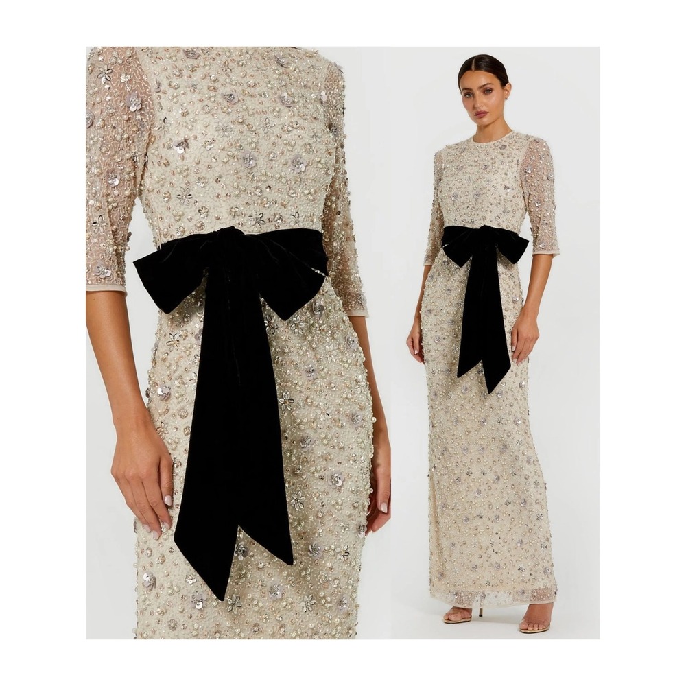 NWT Mac Duggal Ivory Embellished Evening Gown with Velvet Bow $798 - Size 6